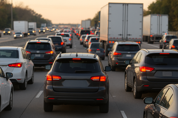 A highway packed with traffic shows a mix of cars, SUVs, and tractor-trailers in various colors, all backed up in heavy congestion during daylight.