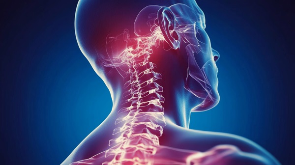 A blue-toned, 3D medical illustration showing a side profile of a human head and neck, with the cervical spine and surrounding tissues highlighted in a bright red glow to indicate a whiplash injury.