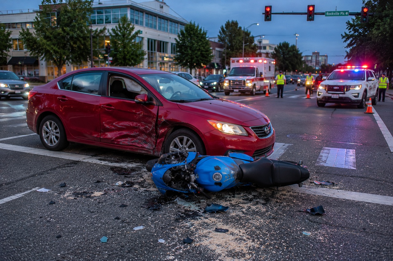 A bright blue motorcycle lies on its side on the asphalt of a Maryland intersection next to a red sedan with a deeply dented passenger side doors, with an ambulance and police car with flashing lights stopped in the background.