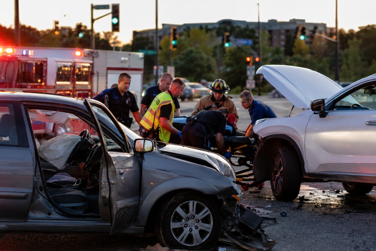 Emergency first responders and firefighters load an injured victim onto a stretcher at a severe two-car intersection crash scene involving a crumpled sedan with deployed airbags.
