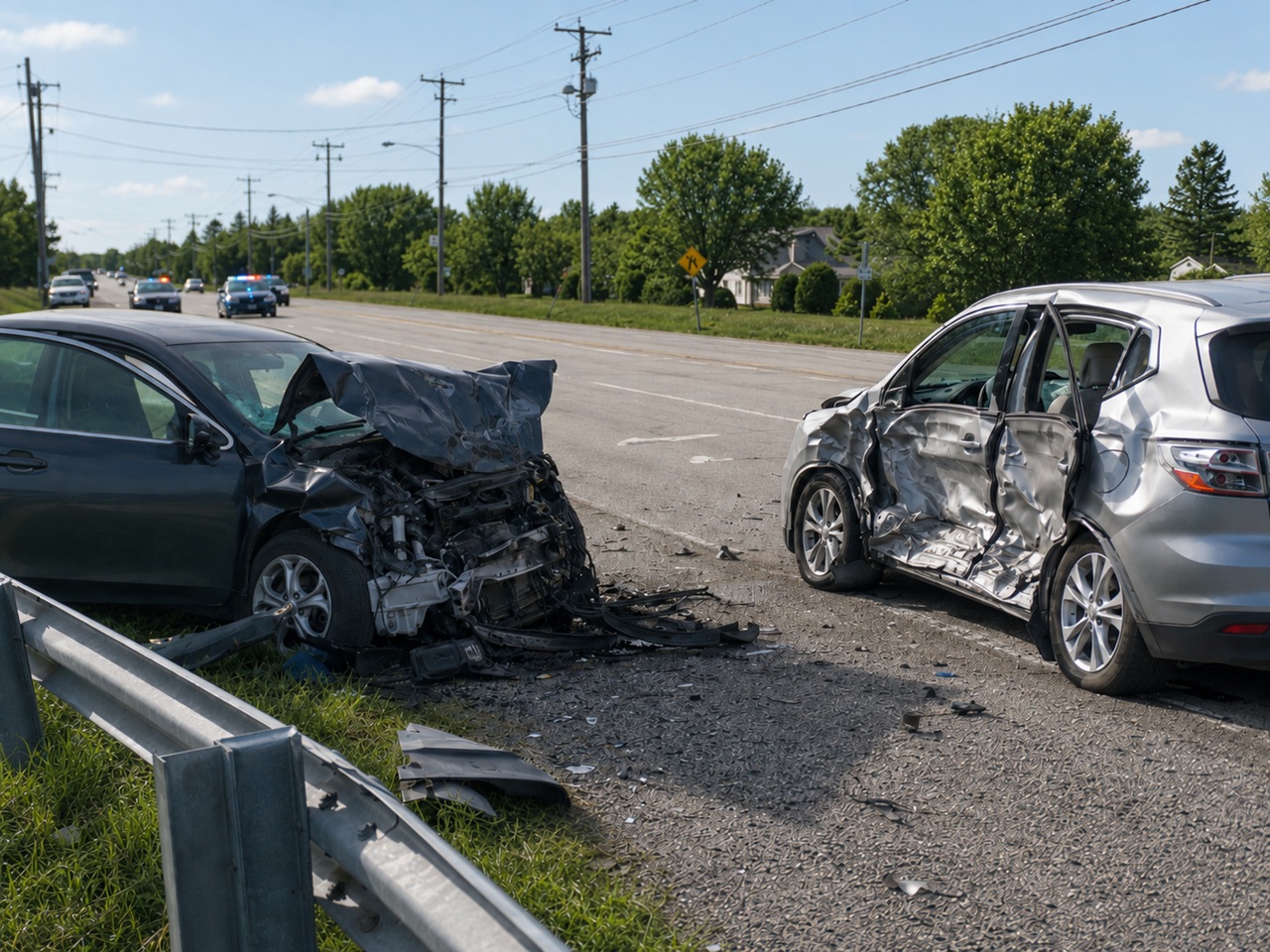 Two severely damaged vehicles sit in the roadway after a high-impact collision on a Maryland highway, with crushed front-end and side panel damage and police vehicles visible in the background, depicting the catastrophic results of a speeding crash captured in Maryland fatal accident data.