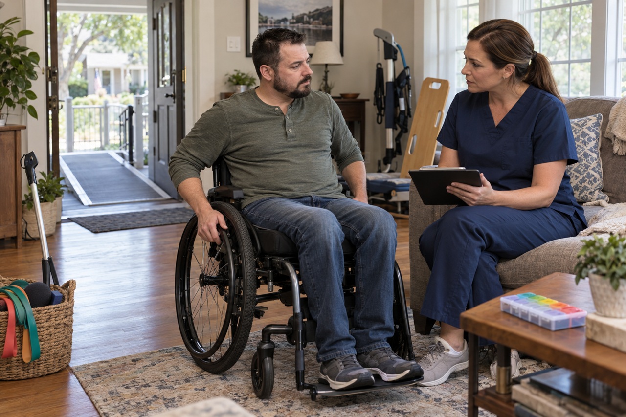 A home health nurse discussing care needs with a wheelchair user in his living room in Maryland, with a mobility ramp and rehabilitation equipment visible, illustrating the future medical costs tied to a spinal cord injury.